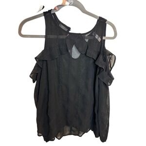 Cold‎ Shoulder Ruffle Blouse Black Sheer Embroidery Elegant Sleeveless Top